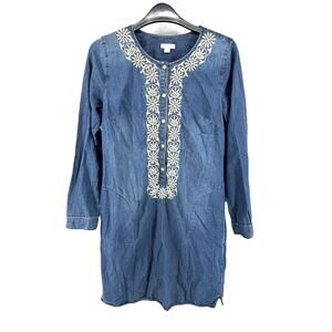 J Jill Chambray Denim Button Embroidery Front Long Sleeve Pocket Dress Small